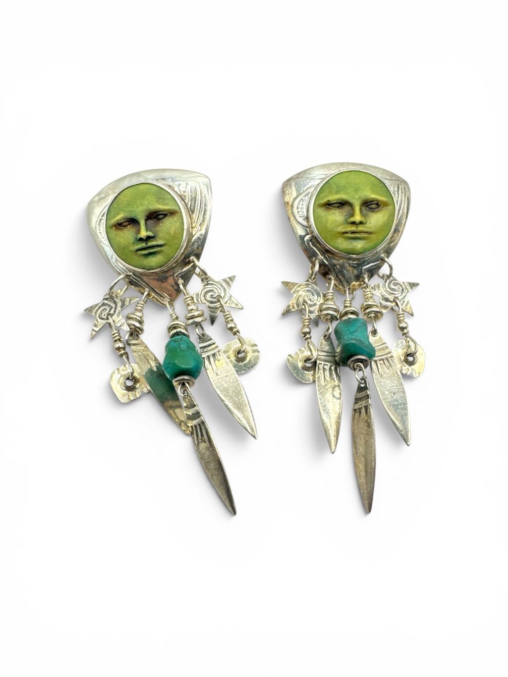 Vintage 1980s Sterling Silver Signed Tabra Turquoise Moon Face Dangle Earrings